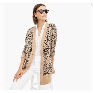 J.Crew Womens Long Cardigan Sweater Leopard Print Wool Blend Brown Black Size S